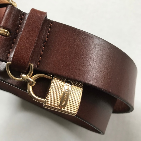 Michael Kors Brn Leather Gold Lock Belt S M L - Picture 2 of 4